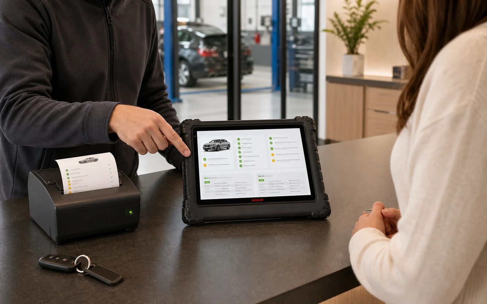 Werkstattberater übergibt einen verständlichen Diagnosebericht mit dem adasd Tablet