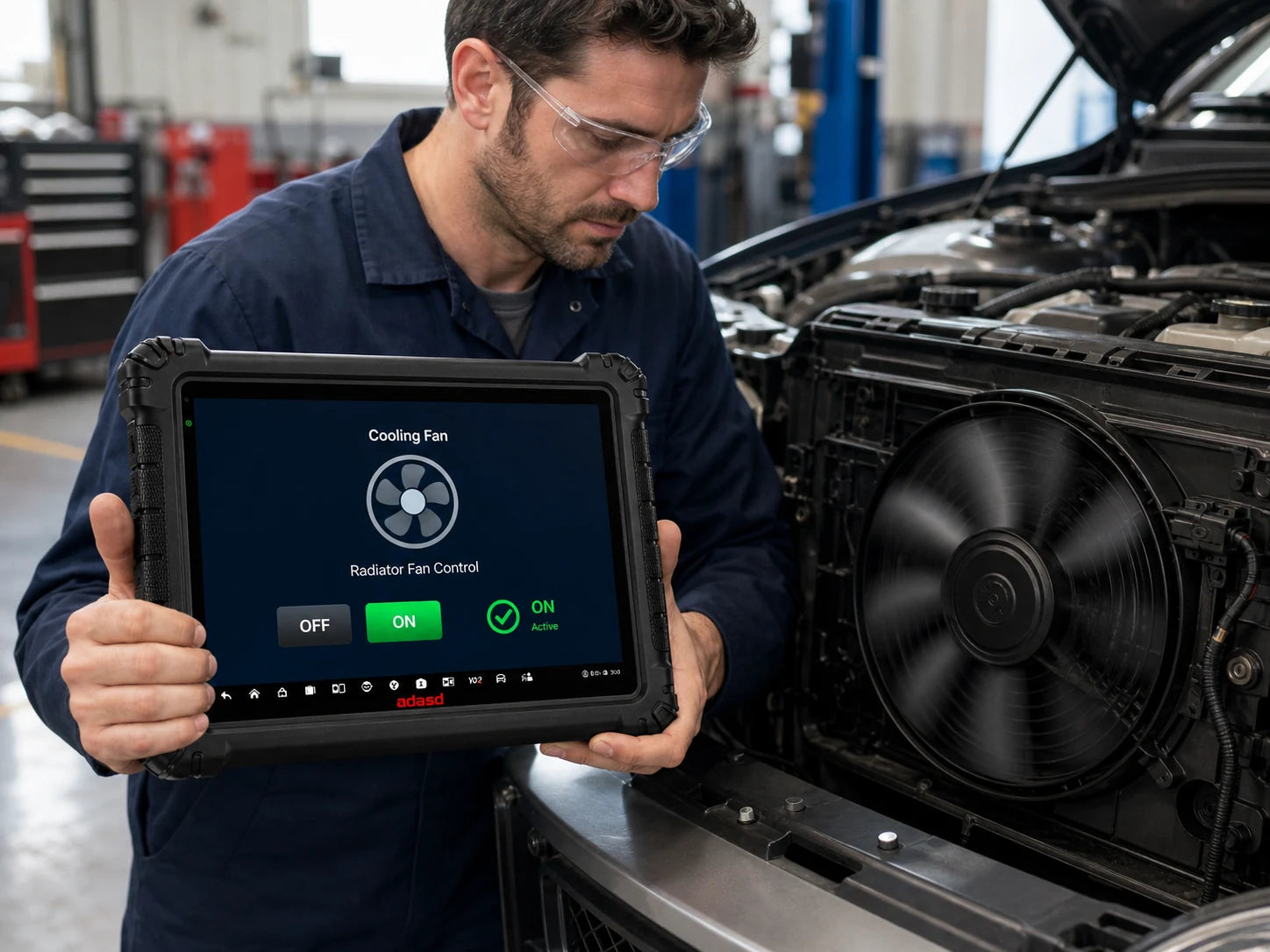 Das adasd Tablet steuert den realen Kühlerlüfter für einen bidirektionalen Funktionstest an